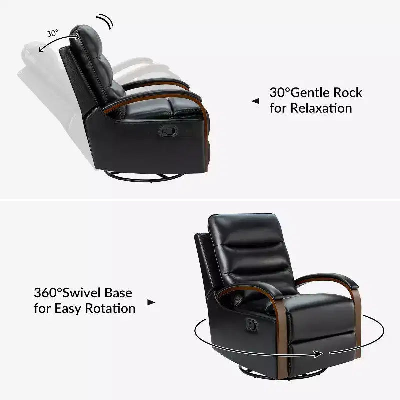 Fauteuil inclinable manuel pivotant et à bascule en cuir véritable Clemens avec accoudoirs décoratifs incurvés