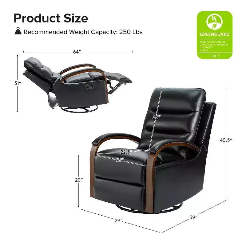 Fauteuil inclinable manuel pivotant et à bascule en cuir véritable Clemens avec accoudoirs décoratifs incurvés