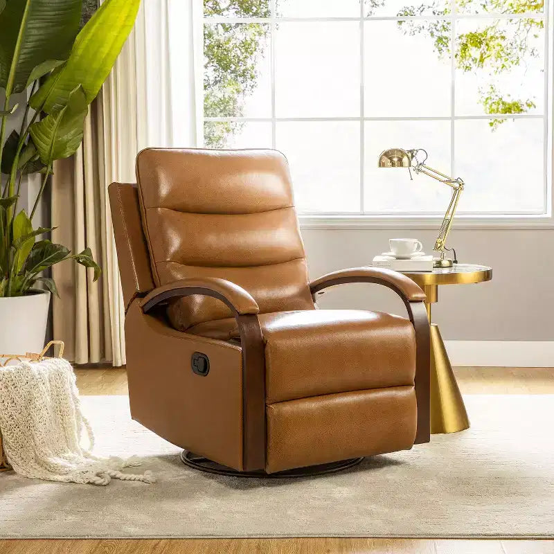 Fauteuil inclinable manuel pivotant et à bascule en cuir véritable Clemens avec accoudoirs décoratifs incurvés
