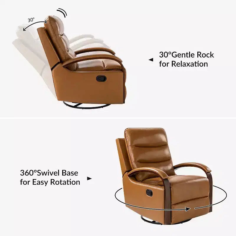 Fauteuil inclinable manuel pivotant et à bascule en cuir véritable Clemens avec accoudoirs décoratifs incurvés
