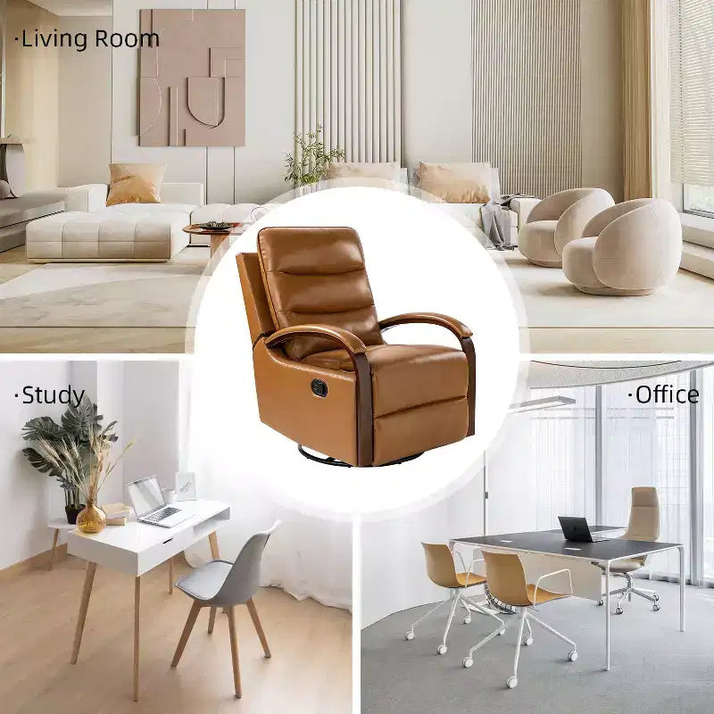 Fauteuil inclinable manuel pivotant et à bascule en cuir véritable Clemens avec accoudoirs décoratifs incurvés