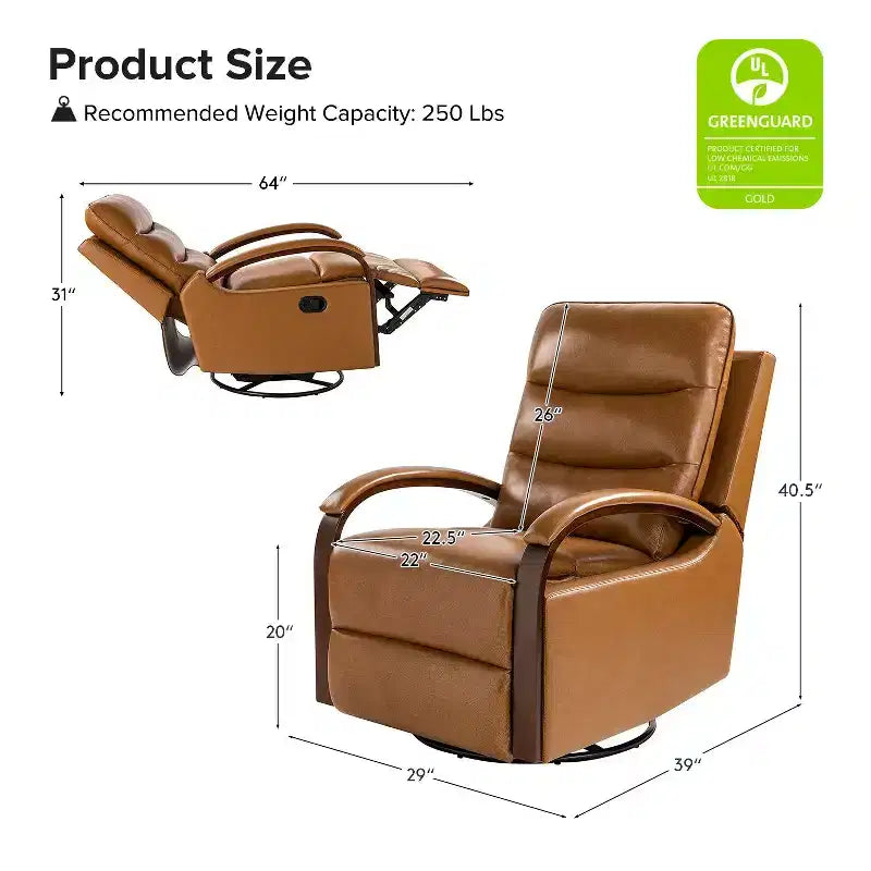 Fauteuil inclinable manuel pivotant et à bascule en cuir véritable Clemens avec accoudoirs décoratifs incurvés