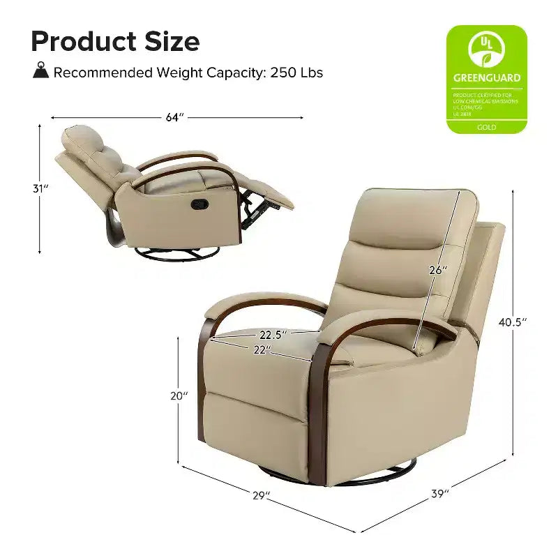 Fauteuil inclinable manuel pivotant et à bascule en cuir véritable Clemens avec accoudoirs décoratifs incurvés