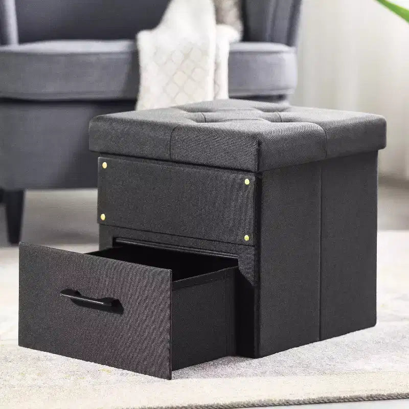 Pouf ottoman pliable avec tiroir de rangement – Repose-pieds et siège cubique