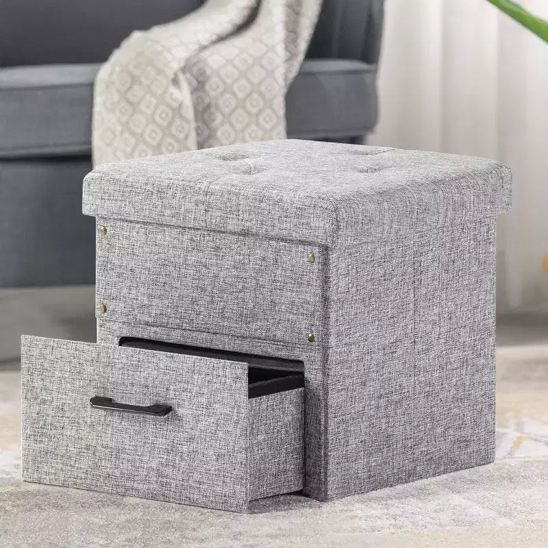 Pouf ottoman pliable avec tiroir de rangement – Repose-pieds et siège cubique